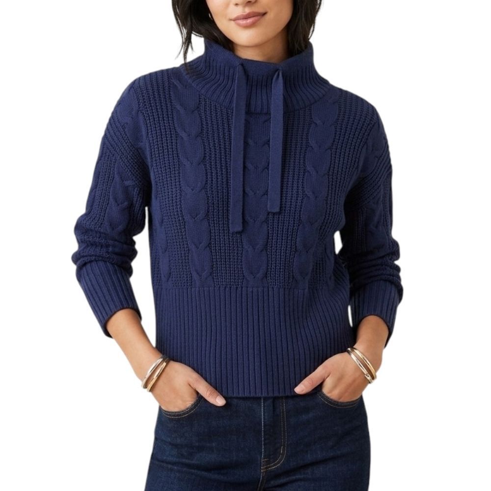 Alashan Navy Blue Cotton Cashmere Cable Knit Funnel Neck Sweater Size S
